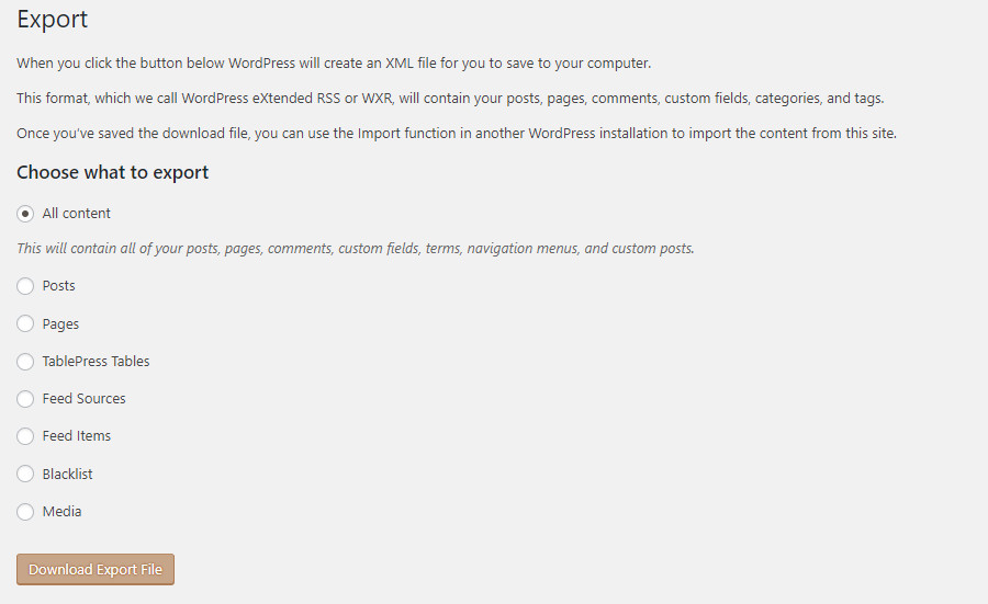 Native WordPress-Exportfunktion