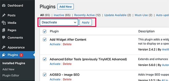 Alle Plugins deaktivieren