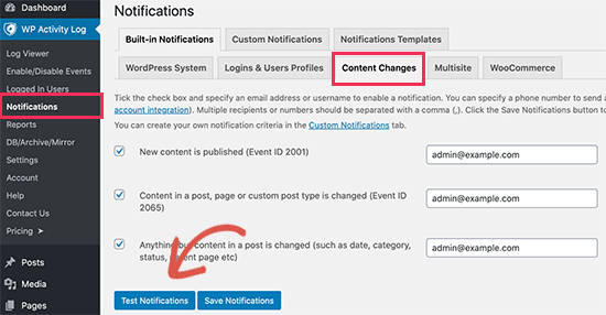 Testbenachrichtigungen im WordPress-Aktivitätsprotokoll