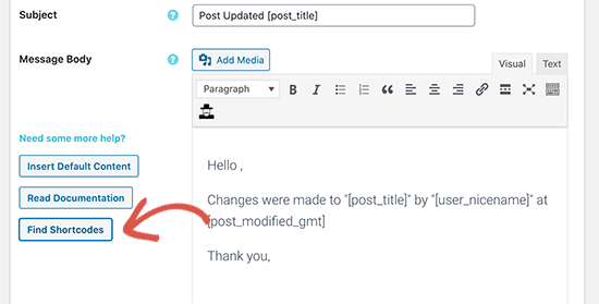 Suchen Sie nach Shortcodes, die Sie in Ihre E-Mail-Benachrichtigung aufnehmen möchten
