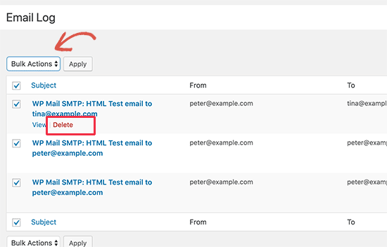 Löschen Sie E-Mail-Protokolleinträge in WordPress