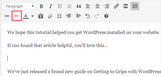 Die Schaltfläche für die horizontale Linie im klassischen WordPress-Editor
