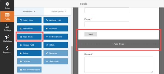Hinzufügen eines Seitenumbruchs in WPForms