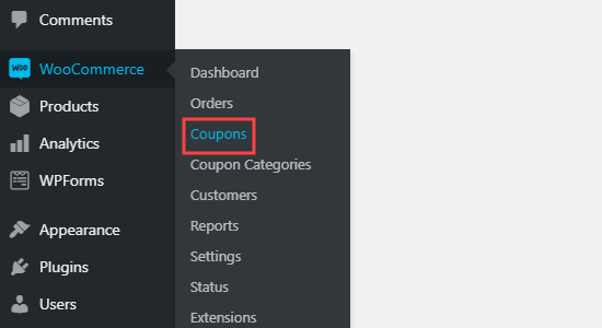 Die Registerkarte WooCommerce Coupons im Dashboard