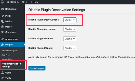 Deaktivieren Sie die Plugin-Deaktivierungseinstellungen