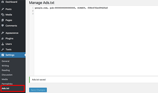 Einstellungen f&uuml;r den Ads.txt-Manager
