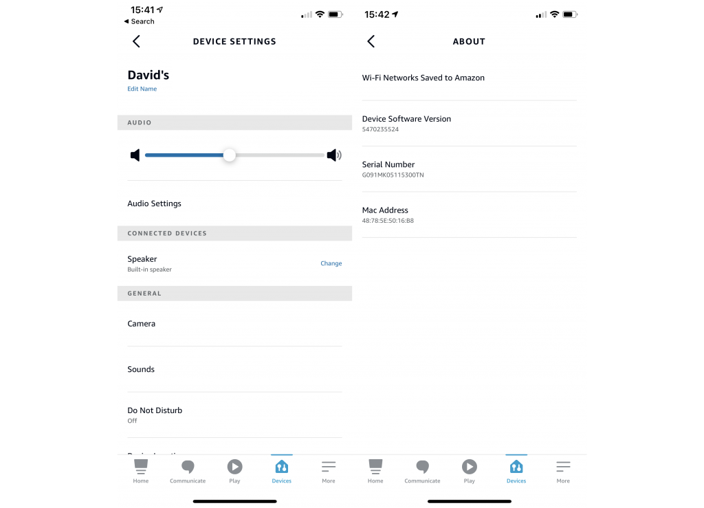 Echo Show zeigt Gerätesoftware und andere Gerätedetails an
