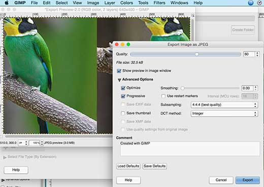 Exportieren von Bildern in Gimp