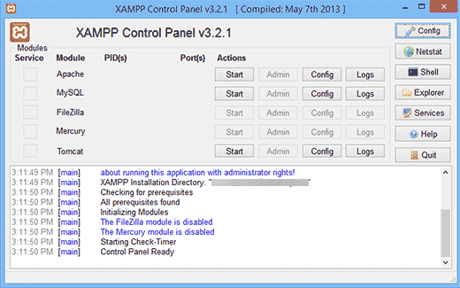 XAMPP-Kontrollzentrum