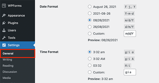 Zeitformateinstellungen in WordPress