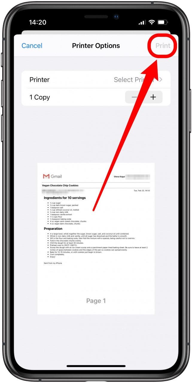 Tippen Sie auf Drucken, um die E-Mail auszudrucken.