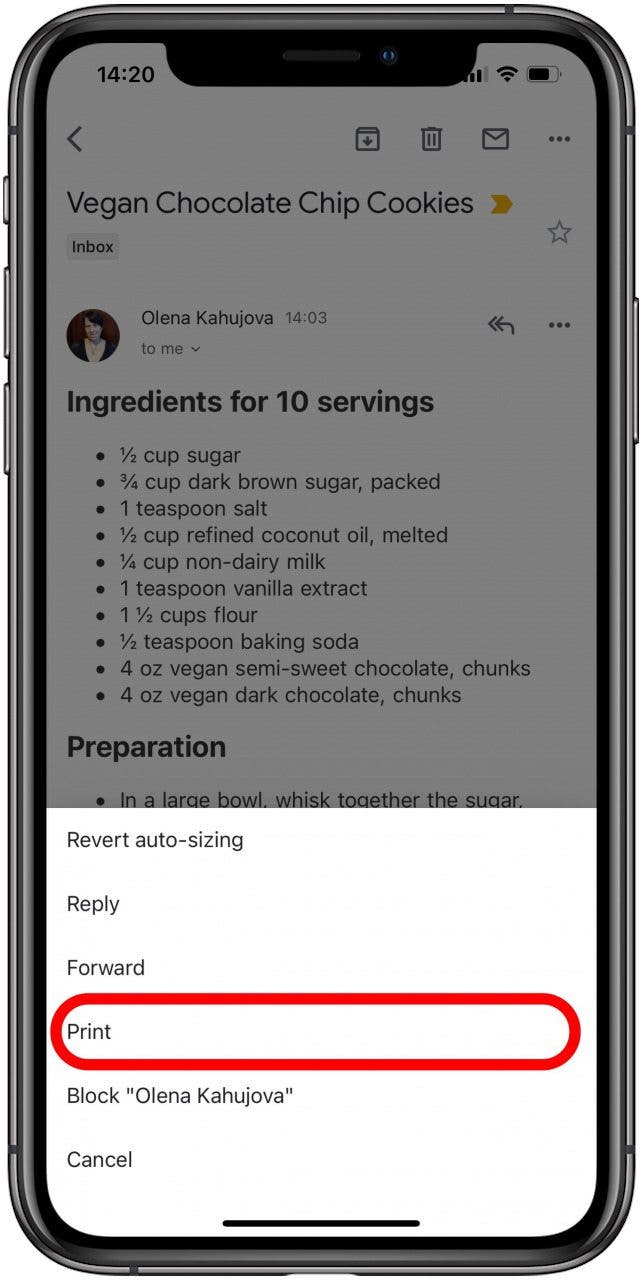 Wählen Sie Drucken, um die E-Mail von Ihrem iPhone zu drucken.