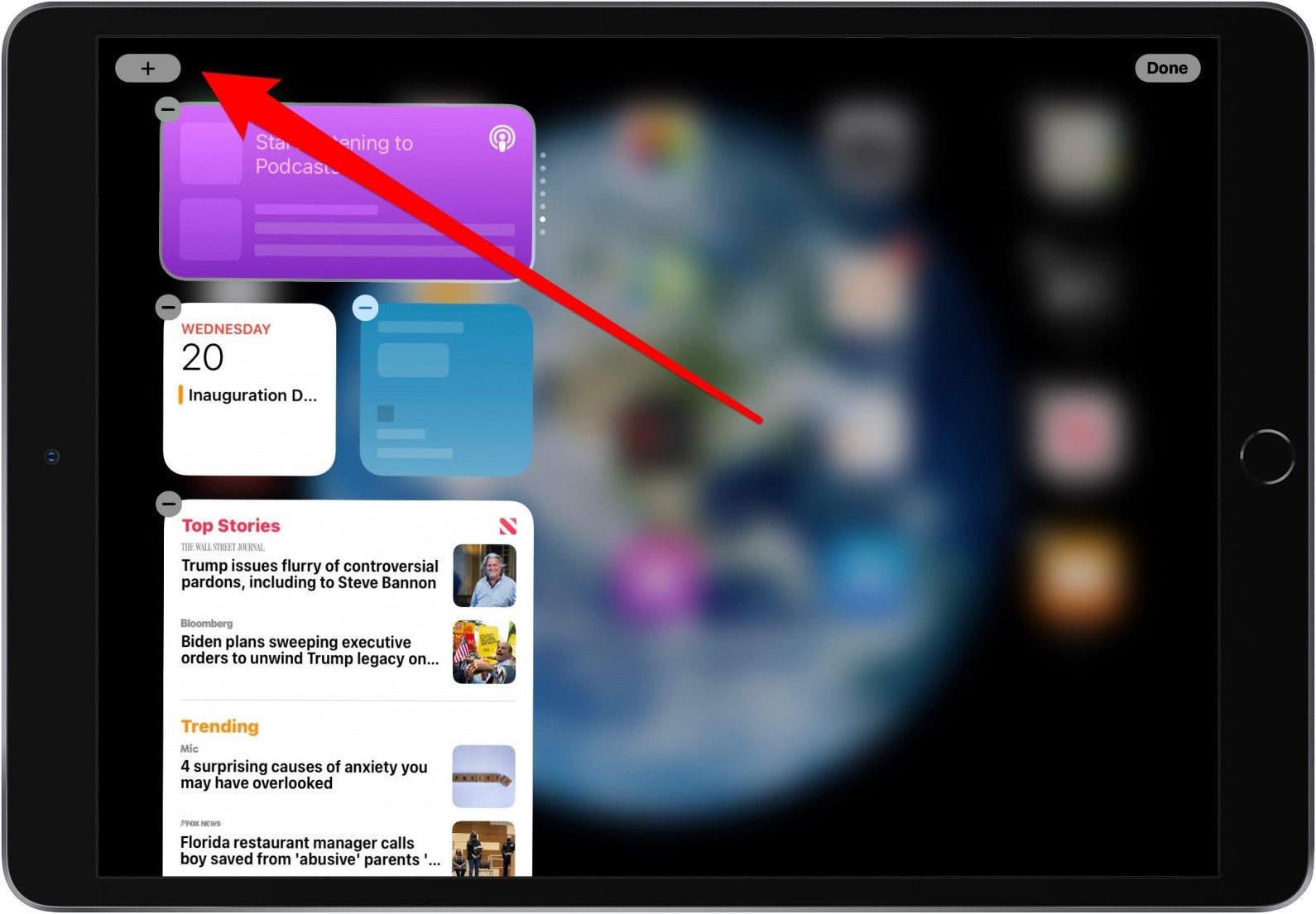 Tippen Sie auf das graue Plus-Symbol, um ein Widget auf dem iPad hinzuzufügen