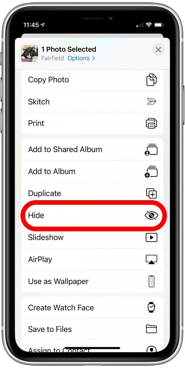 Private Bilder 03 das Menü „Bilder teilen“ mit hervorgehobener Option „Foto ausblenden“.