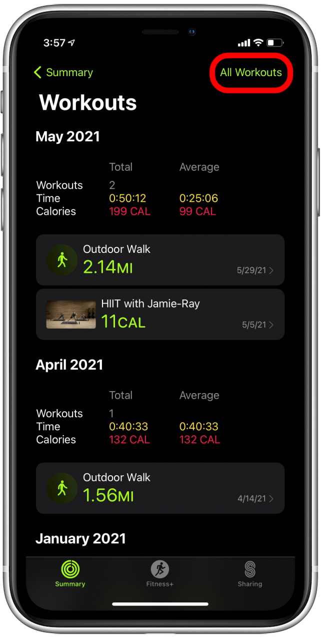 Vergangene Workouts auf der Apple Watch