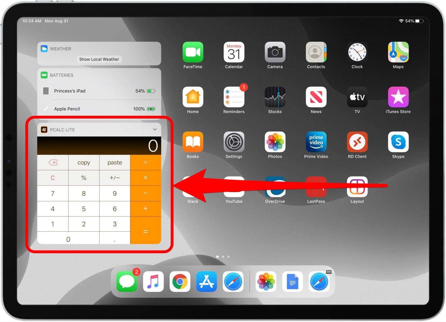 iPad-Rechner: PCalc-Rechner-Widget, das in der Heute-Ansicht des iPad sichtbar ist