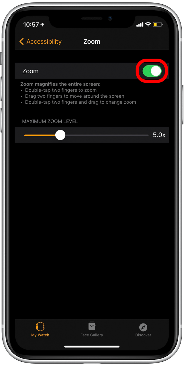 Tippen Sie auf den grünen Umschalter neben Zoom, um die Zoomfunktion der Apple Watch zu deaktivieren