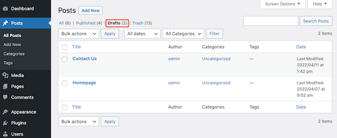Die Registerkarte „Entwürfe“ von WordPress