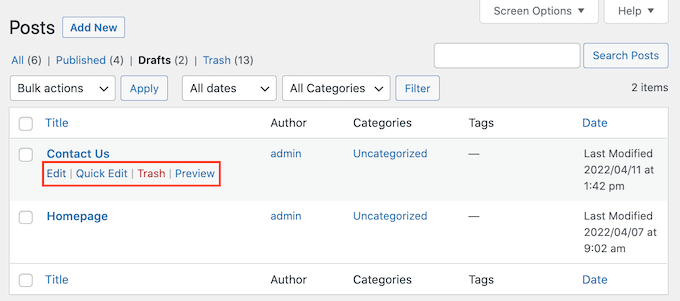 Öffnen eines WordPress-Entwurfs zur Bearbeitung