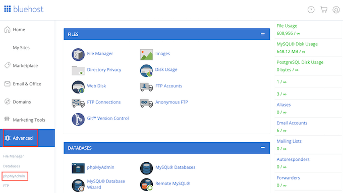 Das PhpMyAdmin-Tool von Bluehost