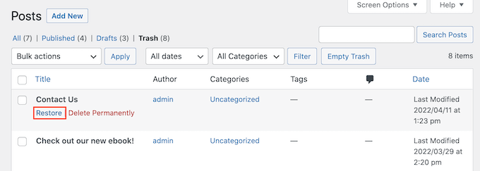 Wiederherstellen eines gelöschten WordPress-Entwurfs
