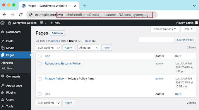 Die URL für Ihre entworfenen WordPress-Seiten