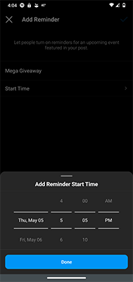 Startzeit der Instagram-Erinnerung