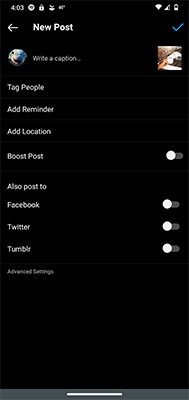 Instagram-Bildschirm für neue Beiträge