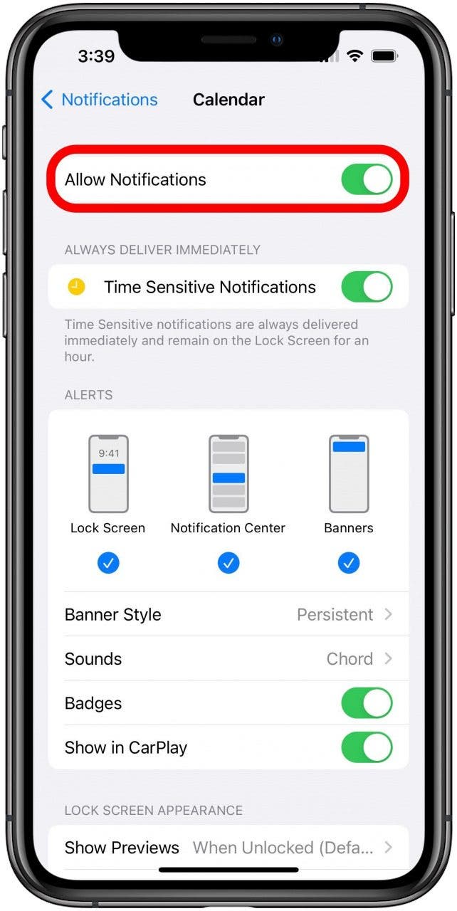 Bildschirm „Benachrichtigungseinstellungen“ für die Kalender-App mit markiertem Schalter „Benachrichtigungen zulassen“.