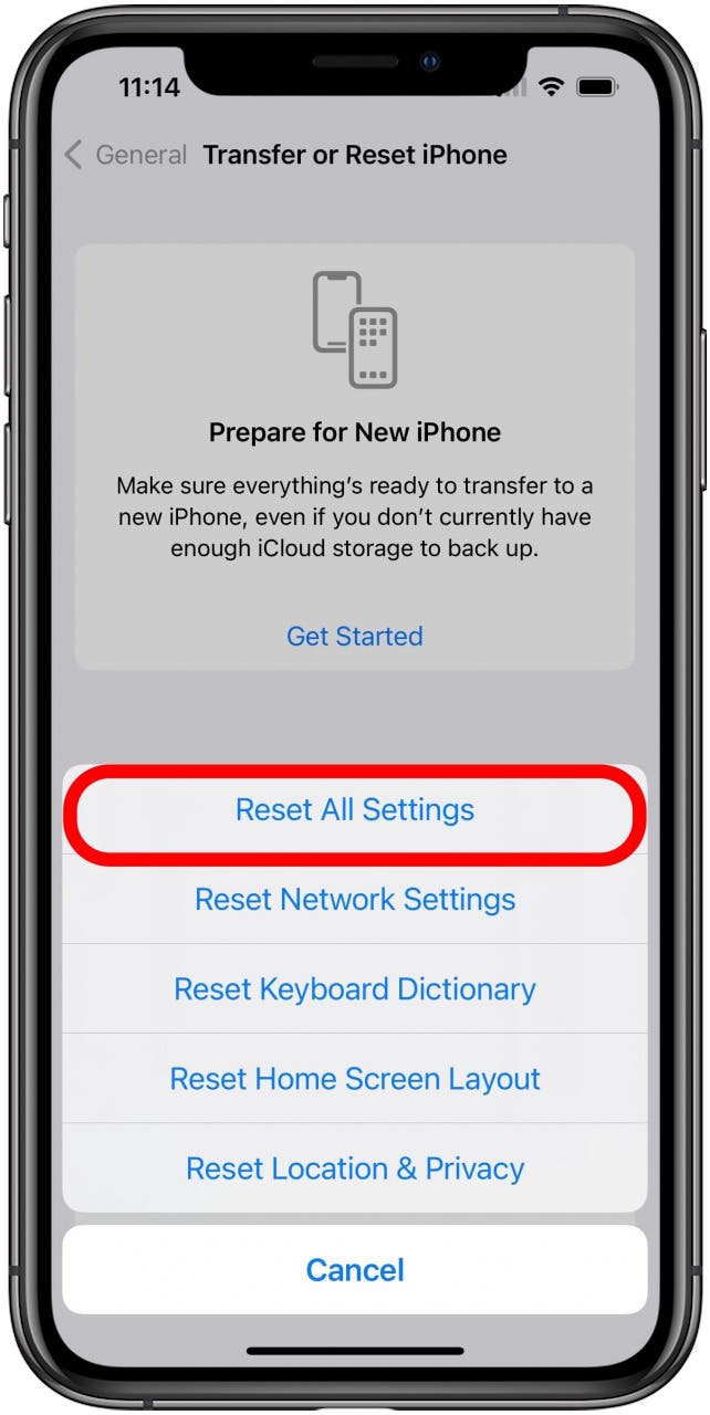 Bildschirm „Allgemeine iPhone-Einstellungen übertragen oder zurücksetzen“ mit markierter Option „Alle Einstellungen zurücksetzen“.