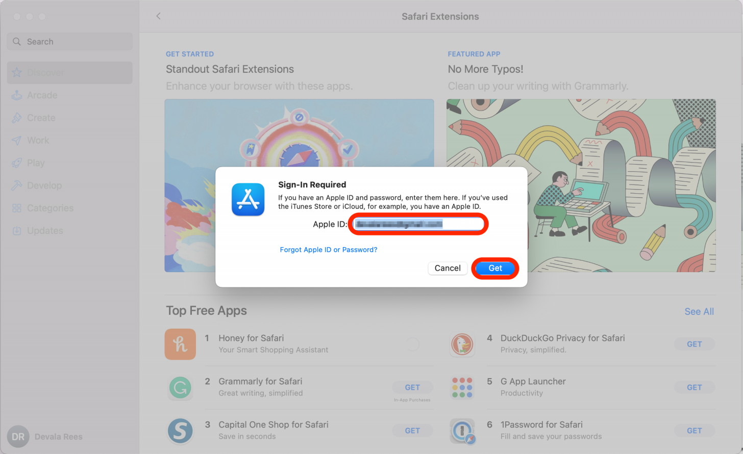 Geben Sie zur Bestätigung Ihre Apple-ID und Ihr Passwort ein und klicken Sie dann auf „Abrufen“.  Wenn Sie Touch ID aktiviert haben, werden Sie möglicherweise aufgefordert, stattdessen diese zu verwenden.