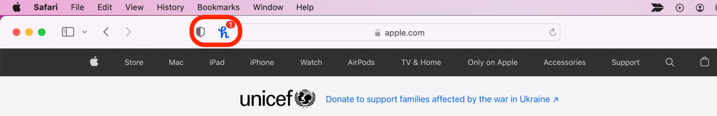 Fahren Sie fort und surfen Sie mit Safari im Internet.  Aktive Erweiterungen werden links neben der URL-Leiste angezeigt und Sie können darauf klicken, um sie zu verwenden.