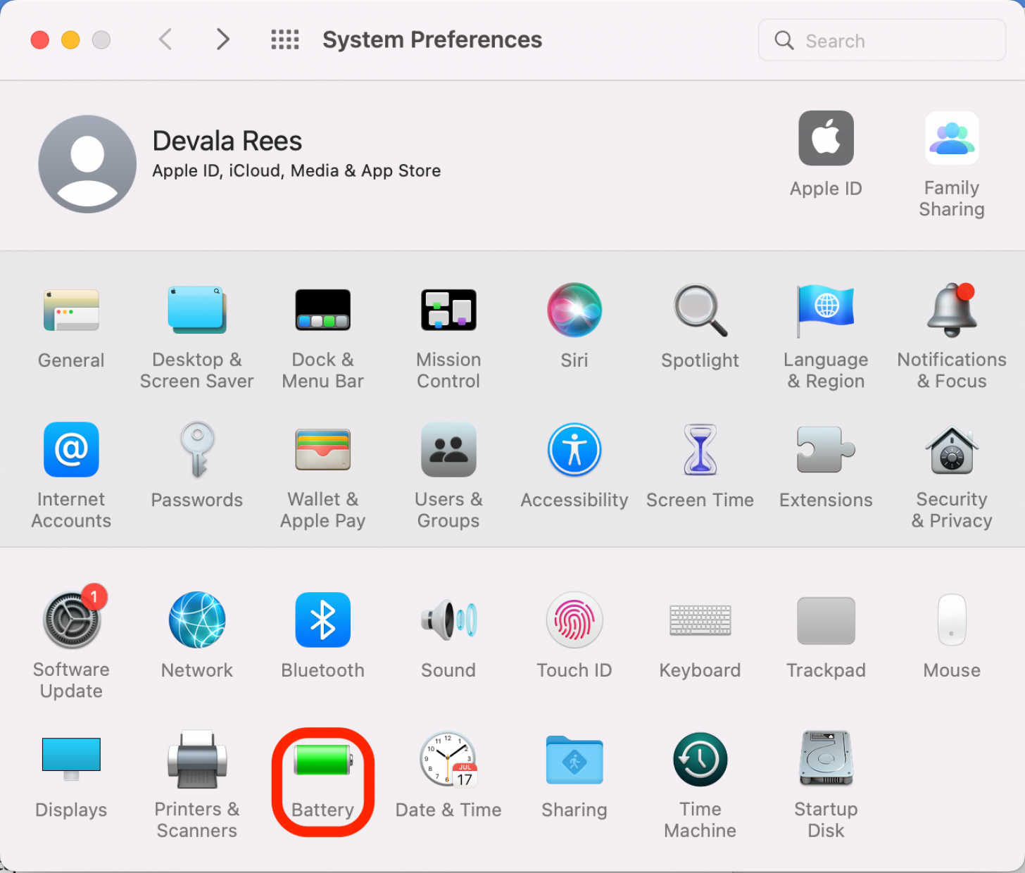 Klicken Sie auf Akku.  Hier können Sie die Schlafzeit auf dem Mac ändern.