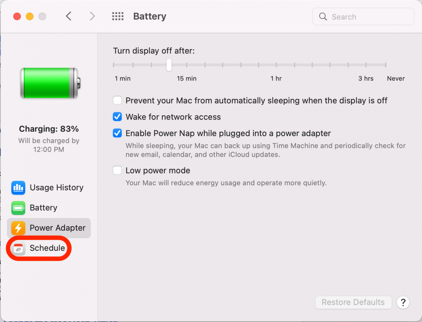 Klicken Sie zuletzt auf Zeitplan.  Hier können Sie einen Sleep-Timer auf dem Mac einstellen.