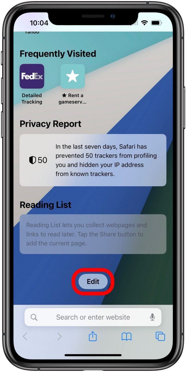 Safari-App mit einer Registerkartengruppen-Startseite, die nach unten gescrollt ist, um eine markierte Bearbeiten-Schaltfläche anzuzeigen.