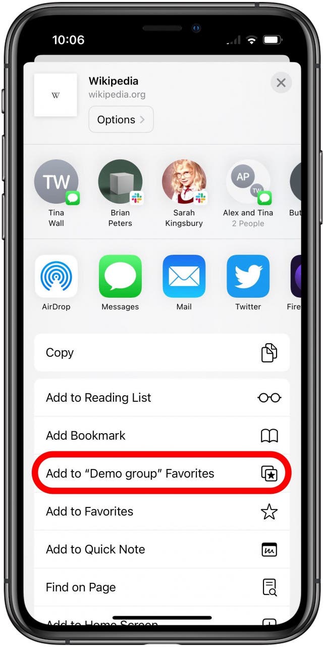 Safari-App mit geöffnetem Share Sheet for a Group-Tab mit der Option Add to