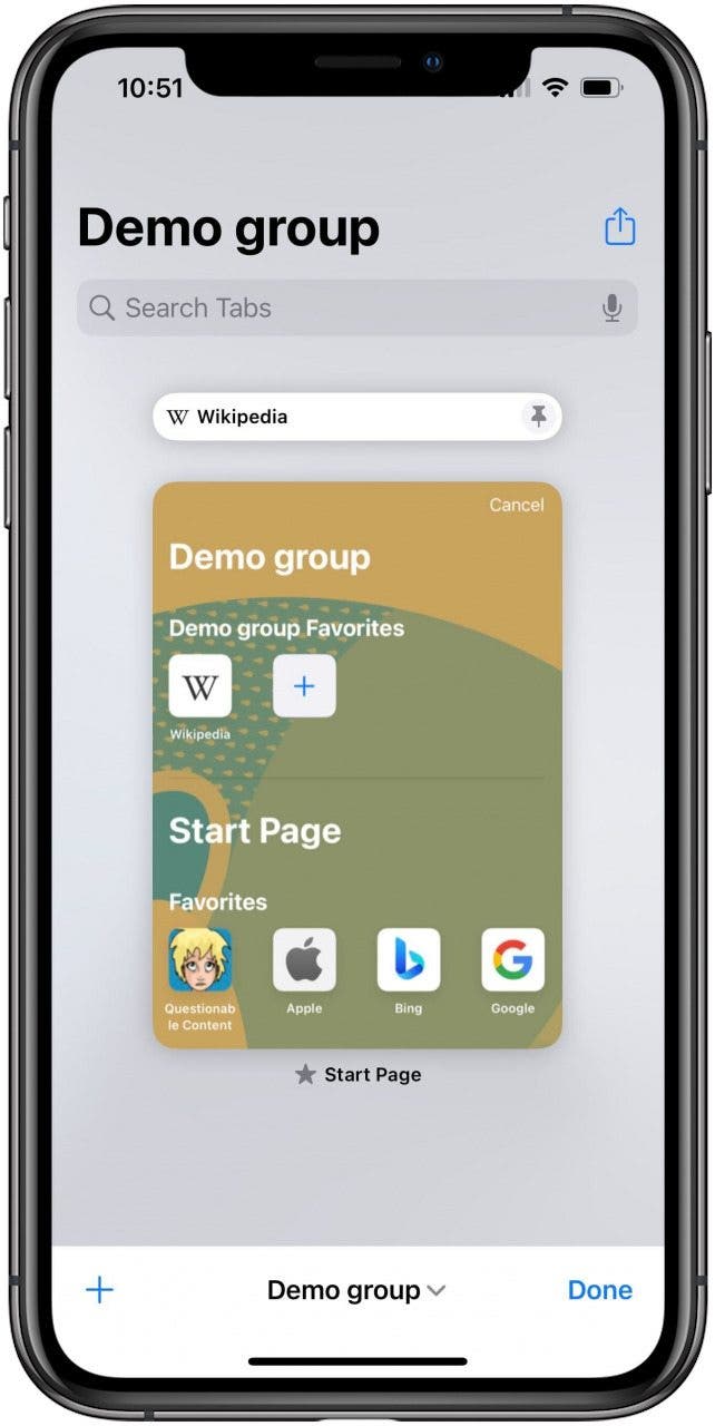 Safari-App in einer Registerkartengruppe mit geöffneter Registerkartenansicht. Es gibt einen fixierten Tab und einen geöffneten Startseiten-Tab.