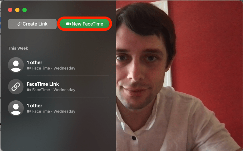 Klicken Sie auf Neues FaceTime (oder Sie können auch Link erstellen verwenden, um einen Anruf zu starten).