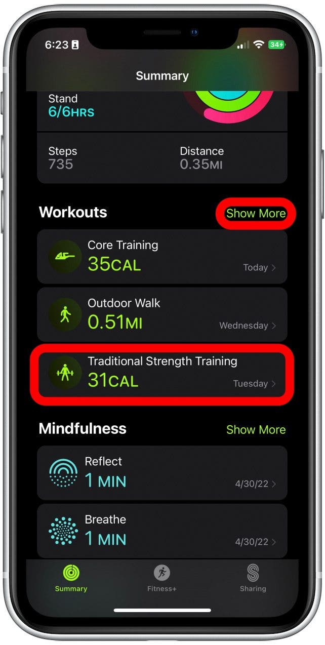 Wählen Sie ein Training aus, in dem Sie Ihre Herzfrequenzdaten anzeigen möchten, oder tippen Sie auf Mehr anzeigen, um weitere Trainings anzuzeigen. 