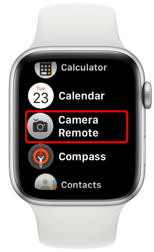 Öffnen Sie die Camera Remote-App auf Ihrer Apple Watch.  Die Kamera Ihres iPhones wird automatisch geöffnet und Sie können eine Vorschau dessen sehen, was Ihre Kamera von Ihrer Apple Watch sieht.