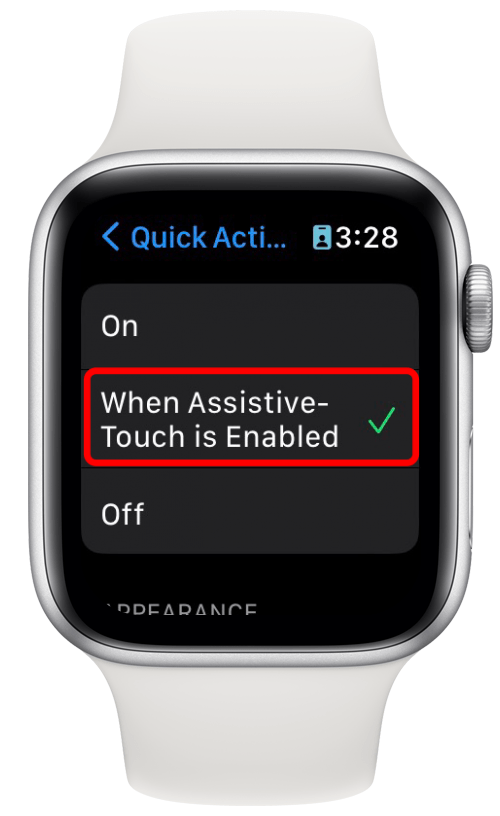 Wählen Sie je nach Ihren Vorlieben entweder Ein oder Wenn AssistiveTouch aktiviert ist.  Wenn Sie Ein auswählen, funktionieren die Gesten immer, unabhängig davon, ob AssistiveTouch aktiviert ist oder nicht.  Wenn Sie „Wenn Assistive Touch aktiviert ist“ auswählen, werden Sie nicht versehentlich Schnellaktionen ausführen, aber Sie müssen AssistiveTouch aktivieren, wenn Sie eine Schnellaktion verwenden möchten.