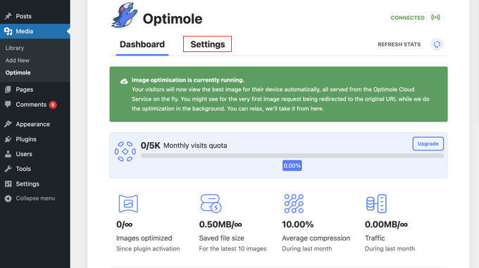 Optimole beginnt mit der automatischen Optimierung Ihrer Bilder