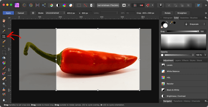 Zuschneiden eines Bildes mit Affinity Paint