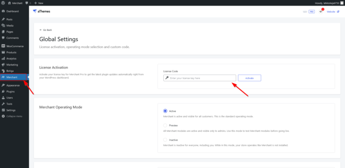Speicherort der Option zur Lizenzaktivierung im Händler-Dashboard