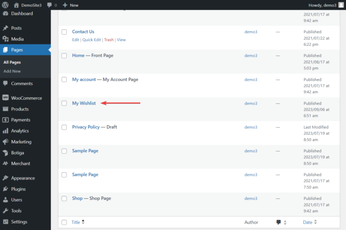 Speicherort der Seite „Meine Wunschliste“ im WordPress-Administrationsbereich