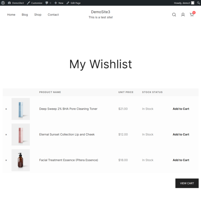 Meine Wunschliste-Seite wurde von Merchant Pro hinzugefügt, Frontend-Ansicht