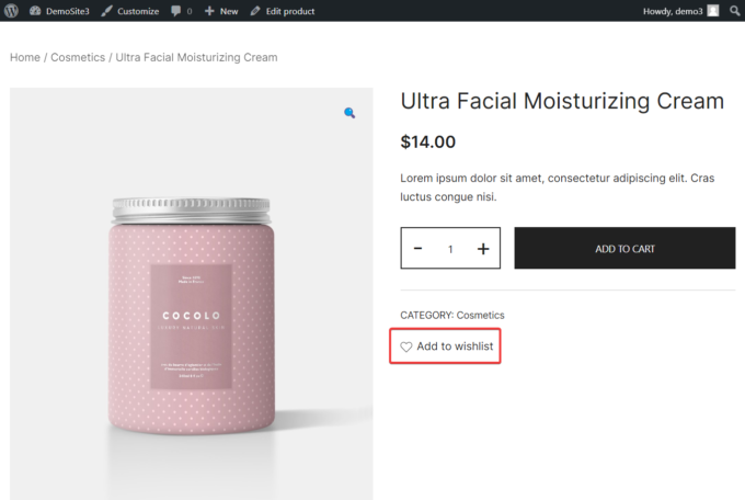 Frontend-Ansicht der Schaltfläche „Wunschliste“ auf einer WooCommerce-Produktseite