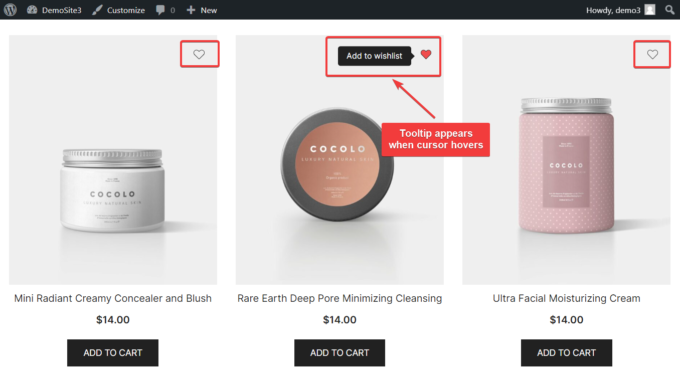 Wunschliste-Symbol und Tooltip, Frontend-Ansicht