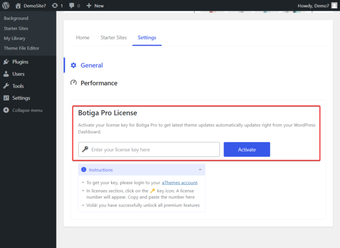 Speicherort der Botiga Pro-Lizenzoption im WordPress-Administrationsbereich