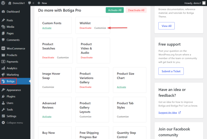 Position des Wunschliste-Moduls im Botiga-Dashboard